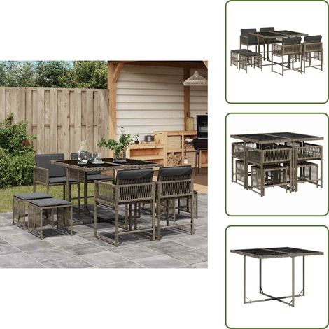9-tlg. Garten-Essgruppe mit Kissen Grau Poly Rattan - Gartengestell - Gartenmöbelset - Outdoor Möbel - Rattan Gartenmöbel - Gartentisch (1/5)
