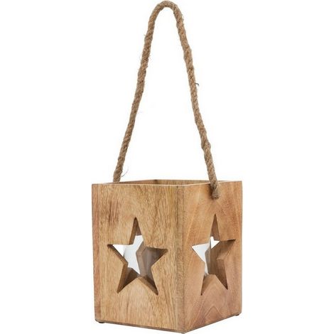 Natural Wooden Large Star Tealight Candle Holder - Glass - L16 x W16 x H19 cm - Brown