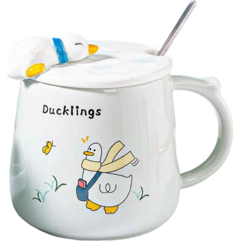 1 tasse en céramique, 350 ml, motif canard dessin animé, pour petit-déjeuner ou café, disponible en rose, bleu, vert, gris (1/5)