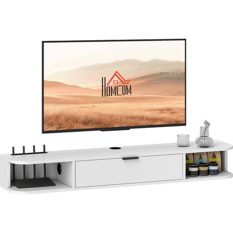 Meuble TV suspendu, meuble télé pour téléviseur jusqu'à 50 pouces, tiroir rabattable 2 étagères 120x24x16cm blanc (1/5)