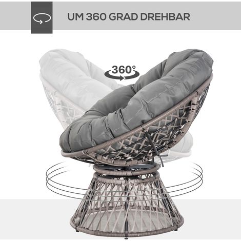 Fauteuil Papasan rotin 360° gris, fauteuil en osier avec coussin, dimensions L 87 x P 97 x H 86 cm