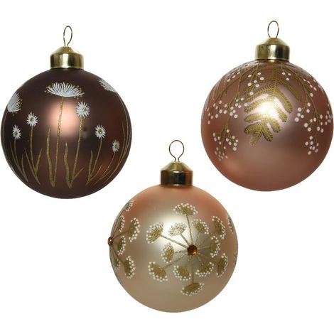PALLINA DI NATALE IN VETRO MARRONE CON DECORAZIONE FIORI ASSORTITA 8CM
