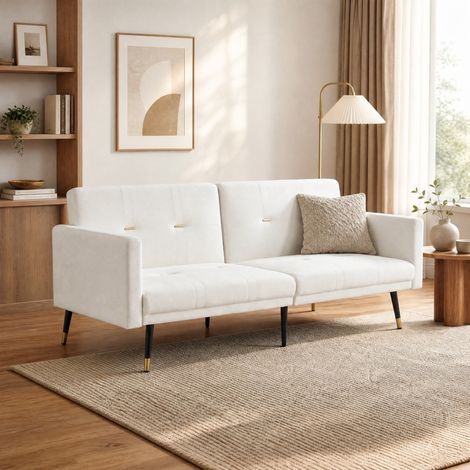 Divano letto convertibile 164x89x70 cm beige, schienale reclinabile, velluto, 2 posti MEUBLIV (1/5)