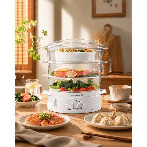 Batteur à vapeur électrique Aigostar 800W 9L 3 niveaux, bac transparent minuterie maintien au chaud, grande capacité pratique pour cuisine