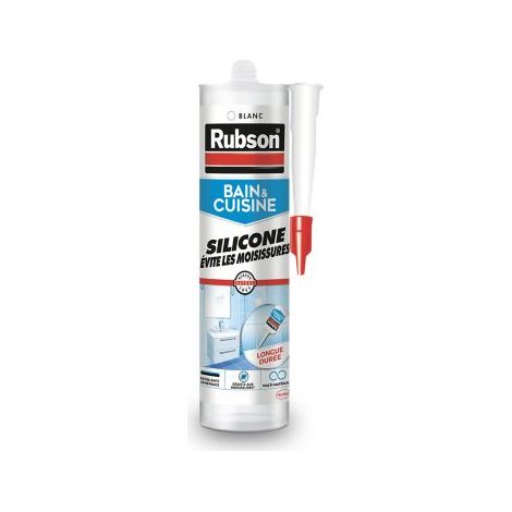 Rubson Mastic Bain & Cuisine Pure Silicone Anti-Moisissures Blanc, mastic sanitaire à base de silicone, mastic étanche renforcé en antifongique, Cartouche de 280 ml