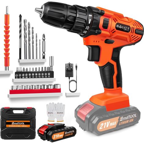 Perceuse électrique sans fil, 21V, transmission à deux vitesses, orange, 1 batterie, 29 accessoires et lumières LED, adaptée au bricolage à domicile