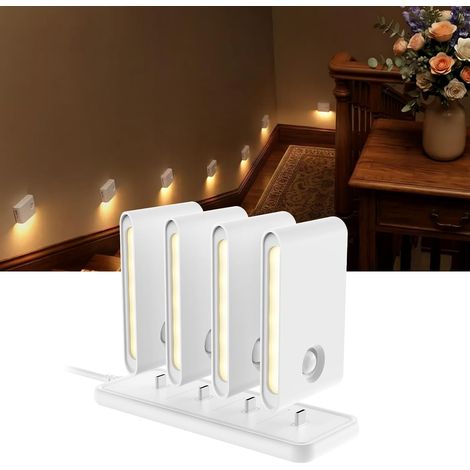 Veilleuse avec Détecteur de Mouvement, Lot de 4 Lampes d'escalier LED 1500 mAh avec Base, Lumière Blanc Chaud 3000K, pour l'escalier, la chambre, la cuisine, le couloir, la décoration intérieure (1/5)