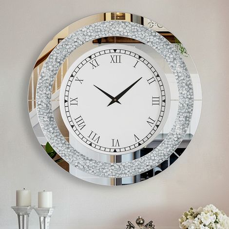 UNHO Contemporary Round Glass Wall Clock Crystal Diamond Inlay - Silver (1/5)