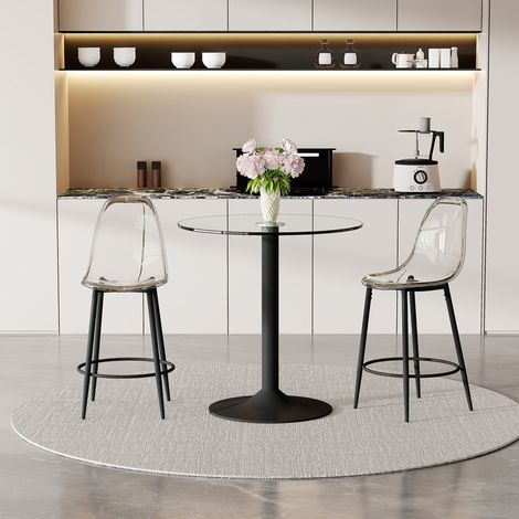CHICFURN Set bar 89 cm in vetro e metallo nero, 2 sgabelli trasparenti per cucina open space (1/5)