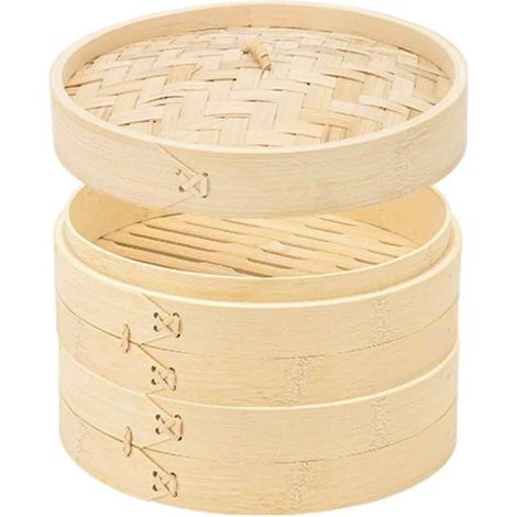 Zweistöckiger Bambusdämpfer für chinesischen Naturreis mit Deckel (22 cm) (1/5)