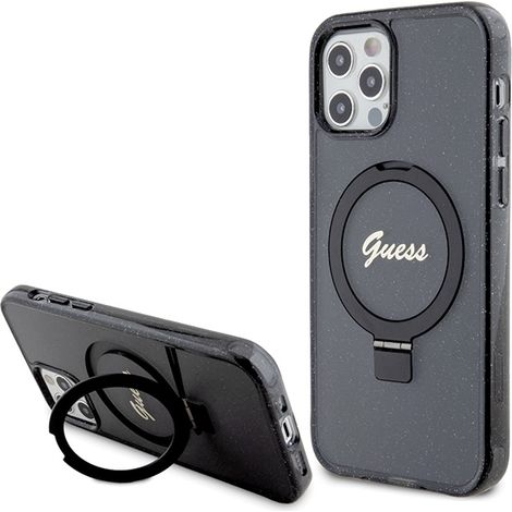 Funda rígida Guess GUHMP12MHRSGSK para iPhone 12/12 Pro de 6,1 pulgadas, color negro/negro, con soporte de anillo, diseño brillante y MagSafe. (1/5)
