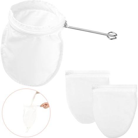 Ahlsen 3er-Pack wiederverwendbare feinmaschige Filterbeutel mit Edelstahlgriff zum Filtern von Nüssen, Milch, Kaffee, Thai-Tee, Saft, Honig, Wein, Öl (1/5)