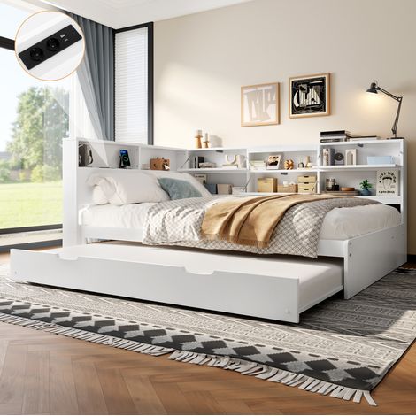 Letto adulti 140x200 cm con letto aggiuntivo 90x190 cm e vano portaoggetti, senza materasso, bianco (1/5)