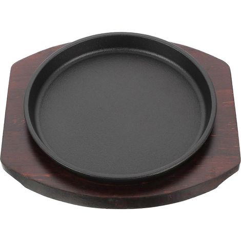 Plat à steak rond en fonte, poêle à steak de service, 1 pièce avec plateau en bois (1/5)