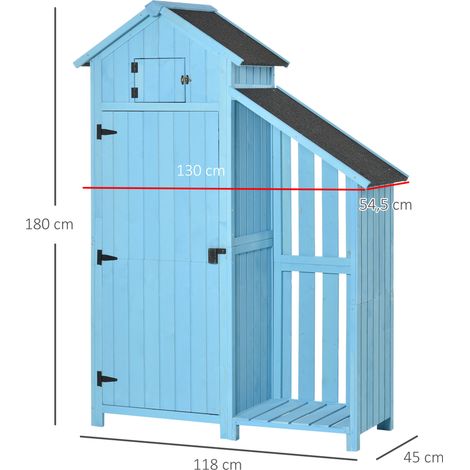 Abri de jardin, abri à outils, remise à matériel avec rangement pour bois de chauffage, abri à outils à 3 étagères, toit en asphalte, bois de sapin, bleu ciel, 130 x 54,5 x 180 cm (1/5)