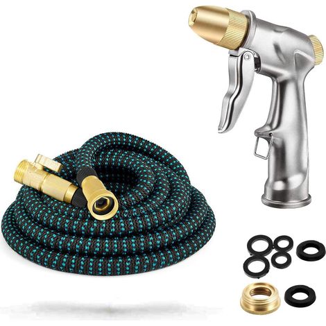 Métal Pistolet Arrosoir, Tuyau d'arrosage Flexible Rétractable, connecteur en Laiton Plein, Bouton de contrôle de débit Facile, Inclure la vanne d'arrêt（25FT - Contraction 7.6FT） (1/5)