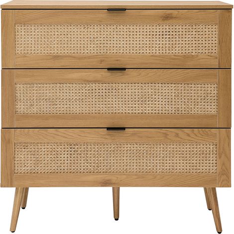 Comò in legno chiaro, motivo a intreccio in rattan e metallo nero 3 cassetti L100 cm MANILLE