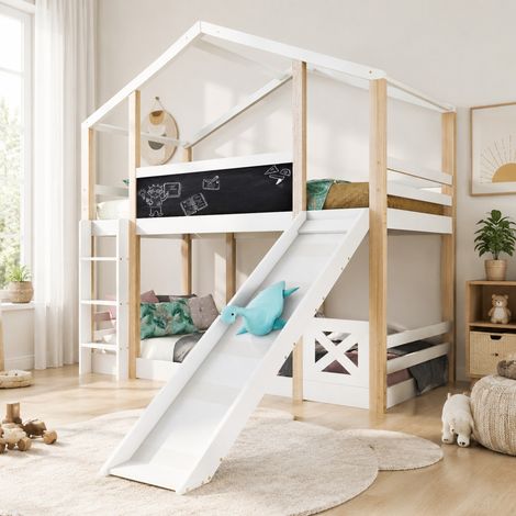 Lit superposé enfant 90x200 cm blanc en bois massif avec toboggan, échelle et tableau (1/5)