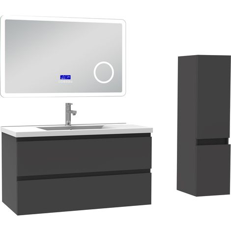 Ocean ensemble meuble 100 cm anthracite avec 2 tiroirs à fermeture automatique, lavabo céramique + miroir salle de bain Bluetooth tricolore + colonne, suspendu (1/5)