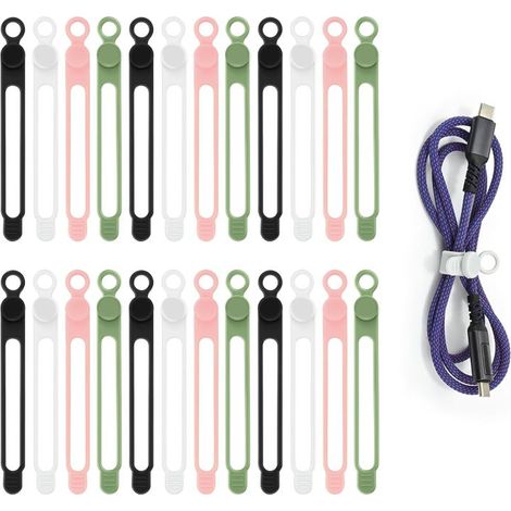 Irovami Attaches câbles silicone 24 pièces – 10.7cm, 4 couleurs – Idéal pour chargeur, maison, bureau, voyage (1/5)