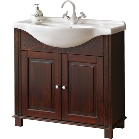 Ac-Deco – Ensemble de meubles de salle de bain 85 cm – Vasque céramique blanche – Bois marron – Montage mural et autoportant – Gamme Régine