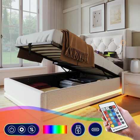 Lit simple capitonné 90200cm, revêtement en coton beige, sommier coffre hydraulique, tête de lit rembourrée avec port USB Type-C, éclairage LED sur 3 côtés (matelas non inclus), garantie 2 ans (1/5)
