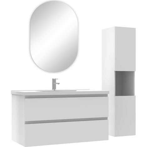 Acezanble ensemble meubles simple vasque 100cm,colonne + miroir ovale Blanc (1/4)