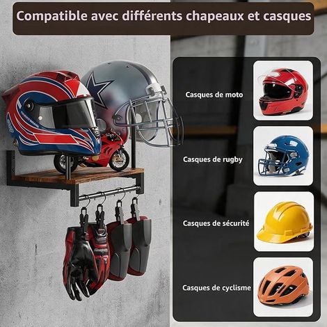 Support Casque Moto, Porte Mural avec Crochets, Rangement Polyvalent Planches en Bois pour Casques de Baseball, Rugby (Marron Foncé) (1/3)
