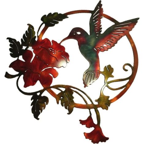 Décoration Murale Métallique Ronde Oiseau Fleur - 25 x 25 cm - Pour Intérieur Extérieur Chambre Salon Porte - 1 Pièce