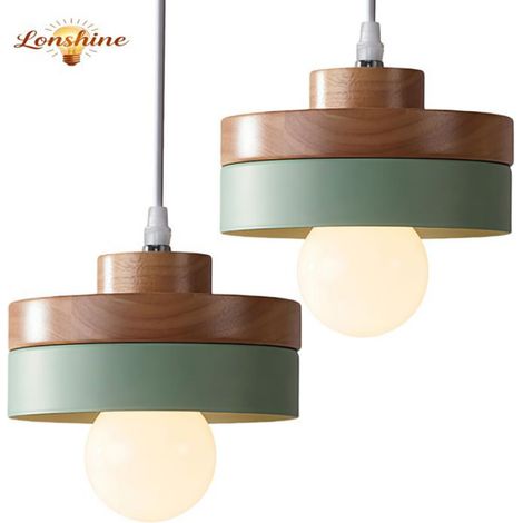 LONSHINE 2er-Set moderne runde Pendelleuchten mit Holz- und Metallschirm, grüne E27-Deckenleuchte für Wohn- und Schlafzimmer (1/5)