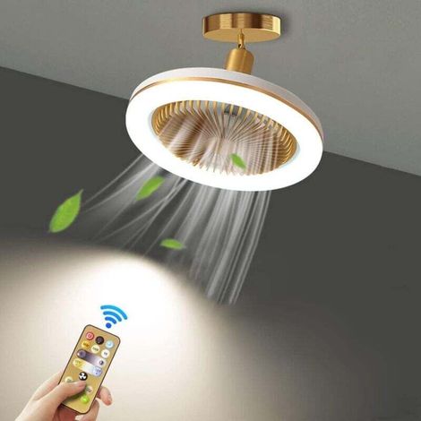 Silent Ceiling Fan with 30W Integrated LED Light and Dimmable Remote Control, E27 Small Ceiling Light, Fan for Bedroom, Dining Room, Kitchen, Adjustable Angle/Gold Fan
