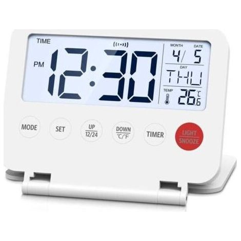 Mini réveil numérique pliable pour voyage, écran LCD rétroéclairé, thermomètre, fonction snooze, affichage de la date et de l'heure, horloge de table pour chambre et cuisine (1/4)