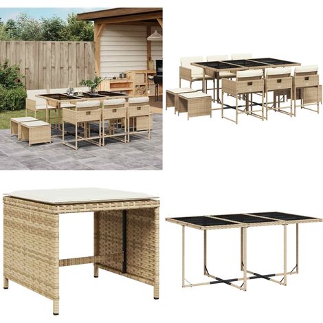 11-tlg. Garten-Essgruppe mit Kissen Beige Poly Rattan - Gartenmöbel Set - Gartentisch - Gartenstühle - Gartenhocker - Rattan Möbel - Home & Living