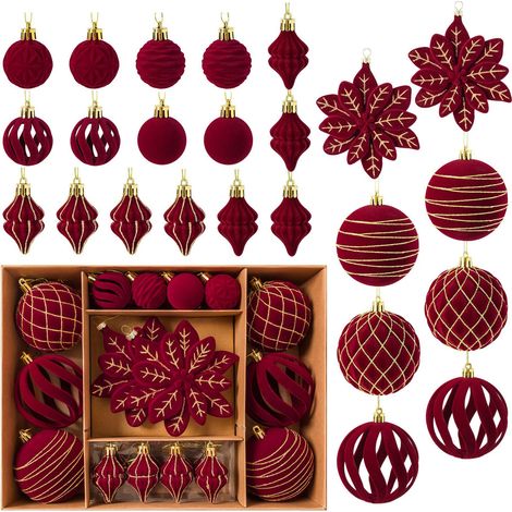 Boules Noël floquées rouge or lot24 incassables (1/5)