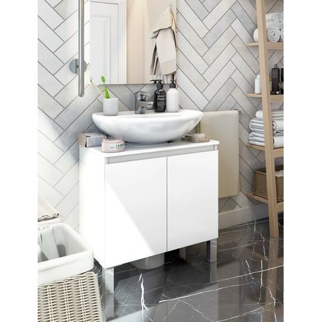Dmora - Bajo el armario Rodna, Mueble de baño, Contenedor de lavabo, Mueble fregadero, 60x40 h64 cm, Blanco brillante (1/5)