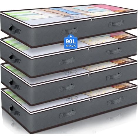 BelleRise - Lot de 4 boîtes de rangement sous le lit, grand coffre de 90 L avec couvercle, gris (1/4)