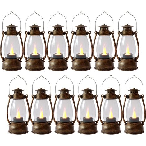 12 mini lanternes décoratives avec bougie LED vacillante, bougeoirs vintage à suspendre pour Halloween, décoration de fête, cuivre brossé (1/5)