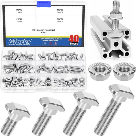 Lot de 80 boulons M6 en T avec écrou à bride hexagonale, 12/16/20/25 mm, boulon en T à tête de marteau, vis coulissantes en forme de T, goujon à vis en T pour profil en aluminium série 30 (1/5)