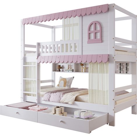 Lit superposé enfant 90x200 cm avec fenêtres, rideaux, barrières de sécurité, échelle 3 marches, rangements et deux tiroirs à roulettes - CHICFURN (1/5)