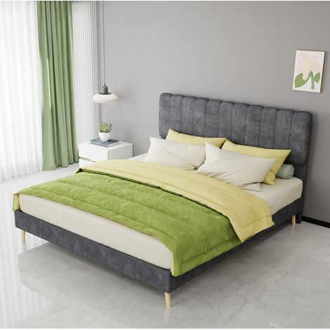 Cama 160x200 cm gris con cabecero suave, tejido de terciopelo, sin colchón MEUBLIV (1/5)