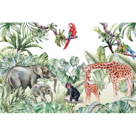 Fotomural infantil con temática de safari, selva, palmeras, elefantes y jirafas M037 200x135 (1/5)