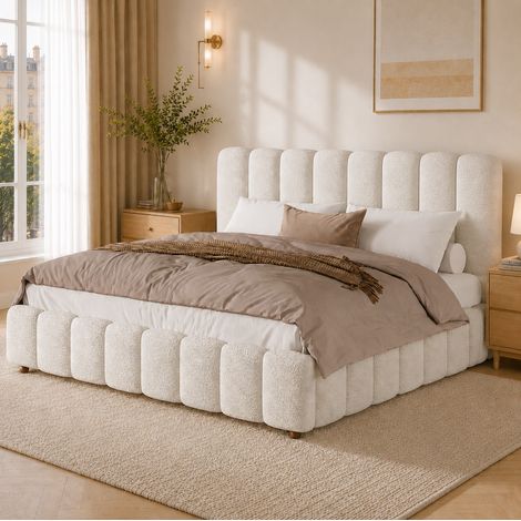 Lit 2 places 180x200 cm bouclé blanc avec sommier à lattes et tête de lit sans matelas - CHICFURN (1/5)