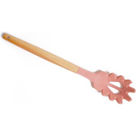 Pastalöffel aus Silikon mit rosa Holzgriff, hitzebeständig, liegt gut in der Hand, ideal für Pasta (1/5)