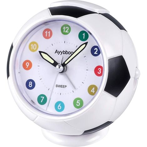 Réveil Enfant Analogique à Piles Forme de Football Silencieux sans Tic-Tac Lumineux Snooze Alarme Sonore Ascendante Chevet (Noir) (1/5)