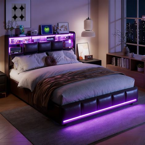 Lit coffre double adulte 160x200 cm avec tête de lit de rangement, ports USB, LED à la tête et au pied, rangement hydraulique, similicuir noir (1/5)