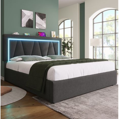 Letto matrimoniale 160x200 cm in tessuto grigio con LED, contenitore e materasso – MEUBLIV (1/5)