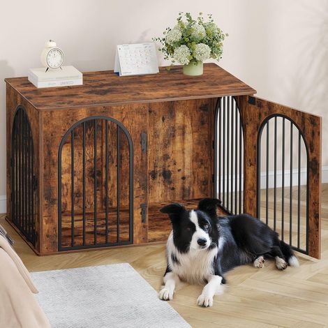 Cage pour chien moderne 108x64x76 cm – 3 portes – Charge max 100 kg – Bois d'ingénierie et métal – Design en arche