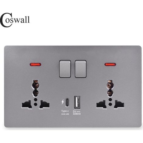 Double Switched Socket with USB-A and Type-C Charging Ports (Output 3.1A), 146PC Wall Outlet, 2 Gang 13 A Electric Power Socket,Gray (1/3)