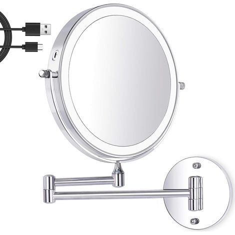 LaBlanc - Espejo de maquillaje de pared LED de 8 pulgadas, espejo de aumento iluminado, aumento de 1X/10X, 3 colores de luz ajustables, carga USB, giratorio 360°, extensible, para baños y uso familiar