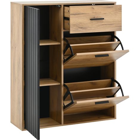 Meuble à chaussures avec 1 Tiroir, 3 Portes dont 2 Abattants, Étagères Réglables, Style Moderne, en Panneaux, Noir et Naturel, 80×24×95,5 cm (1/5)
